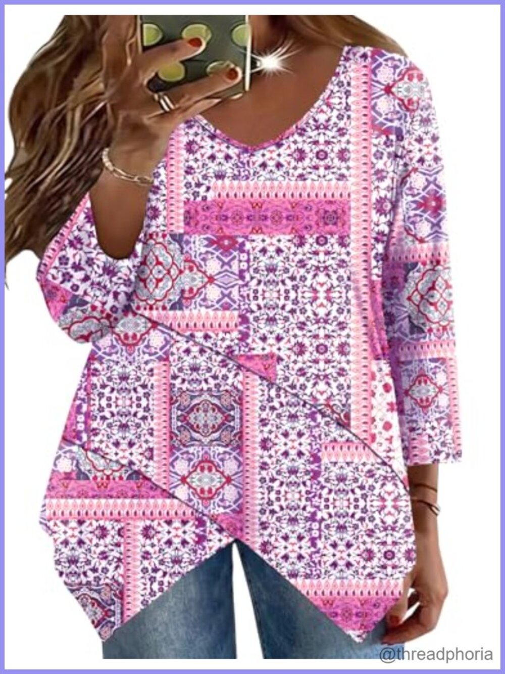 Plus Size Tunic Top 3/4 Sleeve V Neck Dressy Casual Blouse for Leggings